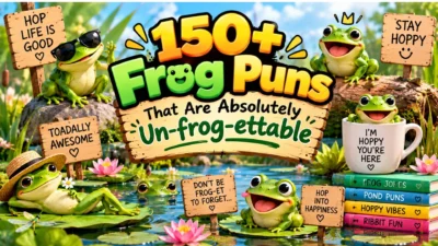 150+ frog puns with cheerful frogs, lily pads, flowers, and a colorful pond scene