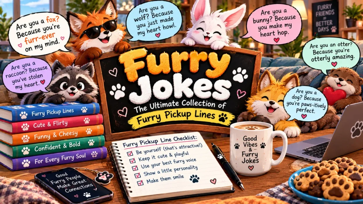 Furry jokes and pickup lines with cute fox, bunny, raccoon, wolf, and otter characters, hearts, and paw prints