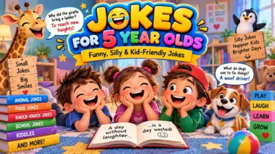 Funny jokes for 5 year olds with laughing kids, animals, and colorful kid-friendly joke books