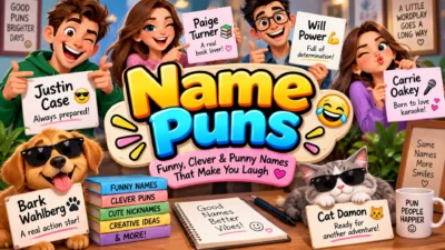 Name puns featuring funny cartoon characters, pets, and colorful signs with clever punny names