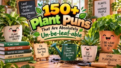 150+ plant puns with cheerful potted plants, gardening tools, and playful signs