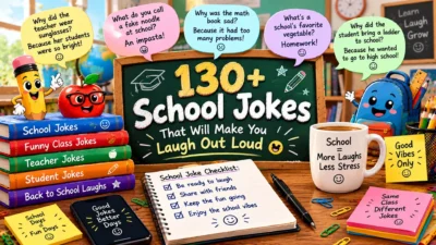 130+ school jokes with a colorful classroom chalkboard, smiling school supplies, funny speech bubbles, books, and a school joke checklist