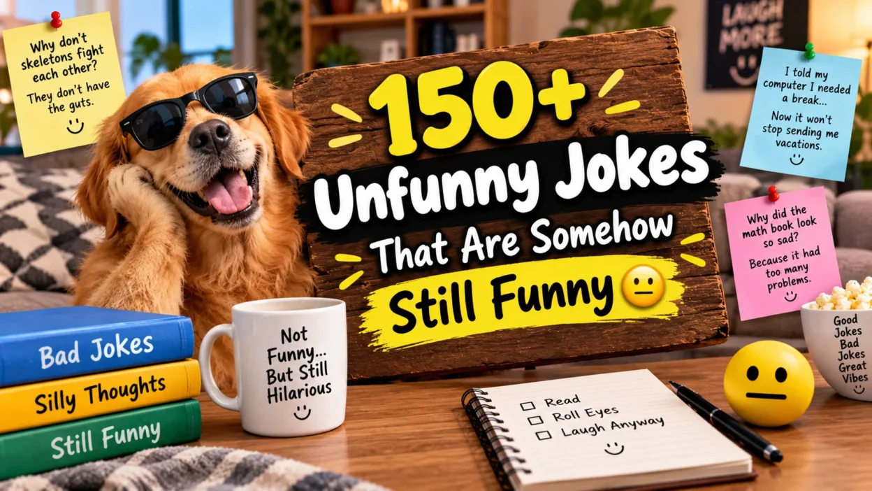 150+ unfunny jokes that are somehow still funny, featuring a goofy dog in sunglasses and a funny joke sign.
