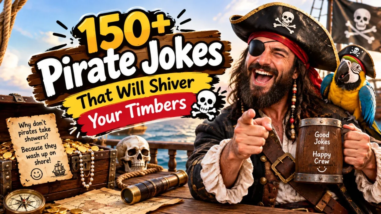 150+ pirate jokes banner featuring a laughing pirate, colorful parrot, treasure chest, and funny nautical decorations.