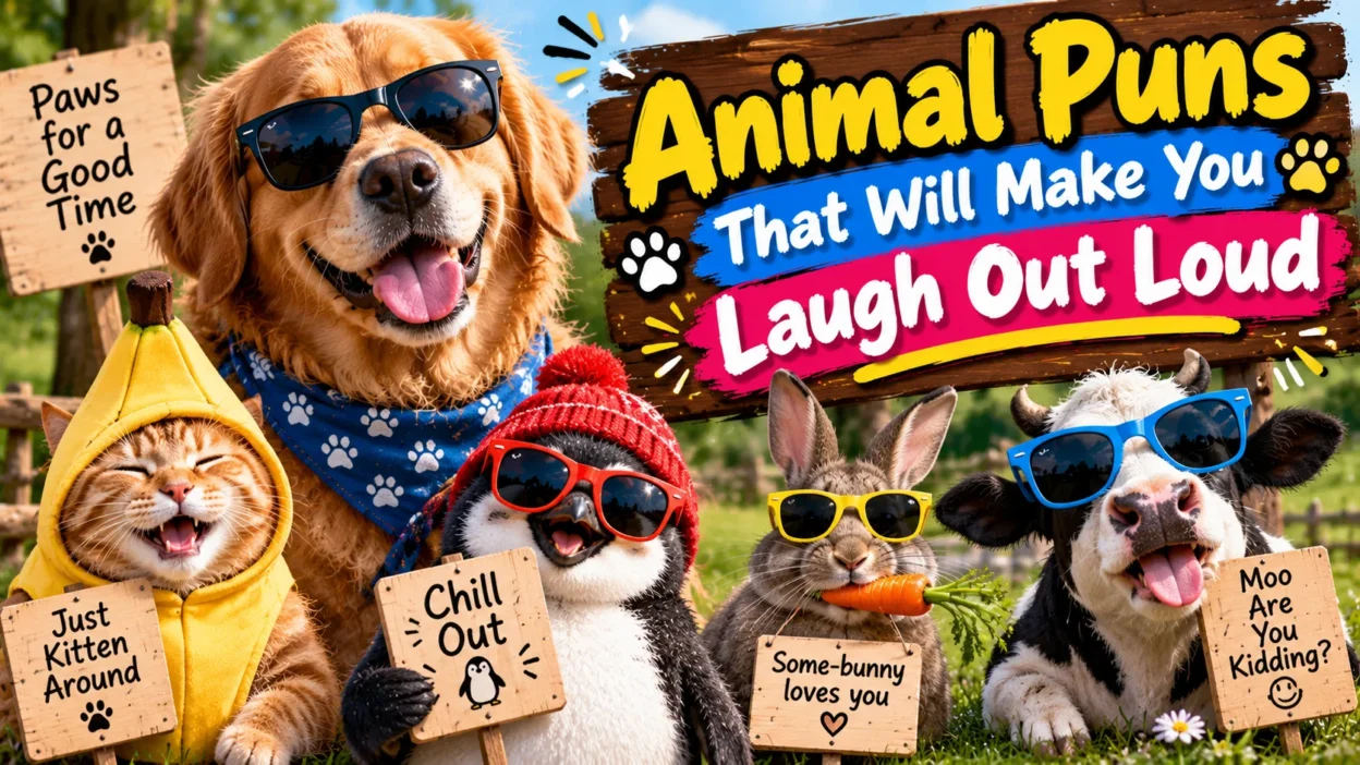 Animal puns that will make you laugh out loud featuring a sunglasses-wearing dog, a banana-costumed cat, a penguin, a bunny, and a cow