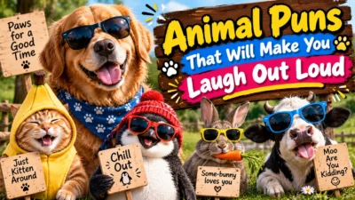 Animal puns that will make you laugh out loud featuring a sunglasses-wearing dog, a banana-costumed cat, a penguin, a bunny, and a cow