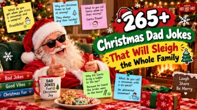 265+ Christmas dad jokes featuring Santa in sunglasses, festive decorations, and funny holiday punchlines.