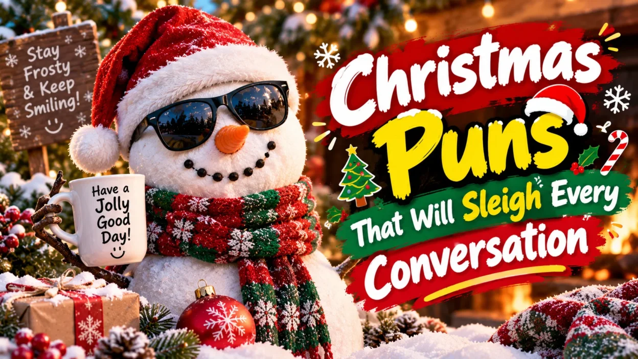 Christmas puns that will sleigh every conversation featuring a snowman in sunglasses and a Santa hat