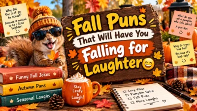 Funny fall puns image with a smiling squirrel in sunglasses, autumn leaves, pumpkins, and a cozy mug.