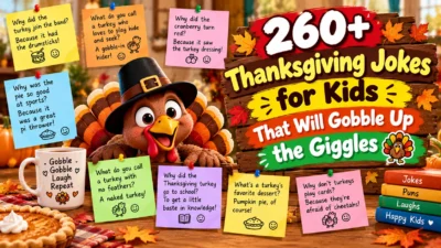 260+ Thanksgiving jokes for kids featuring a funny turkey, autumn leaves, pumpkins, and colorful holiday joke notes.