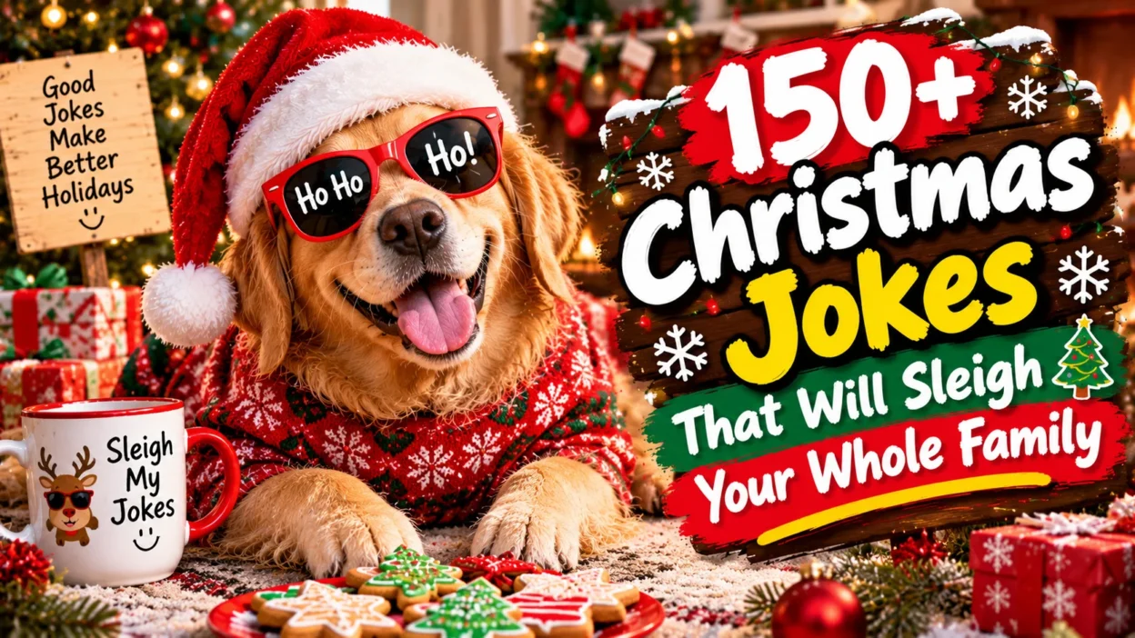 150+ Christmas jokes that will sleigh your whole family featuring a golden retriever in a Santa hat and festive sunglasses