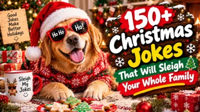150+ Christmas jokes that will sleigh your whole family featuring a golden retriever in a Santa hat and festive sunglasses