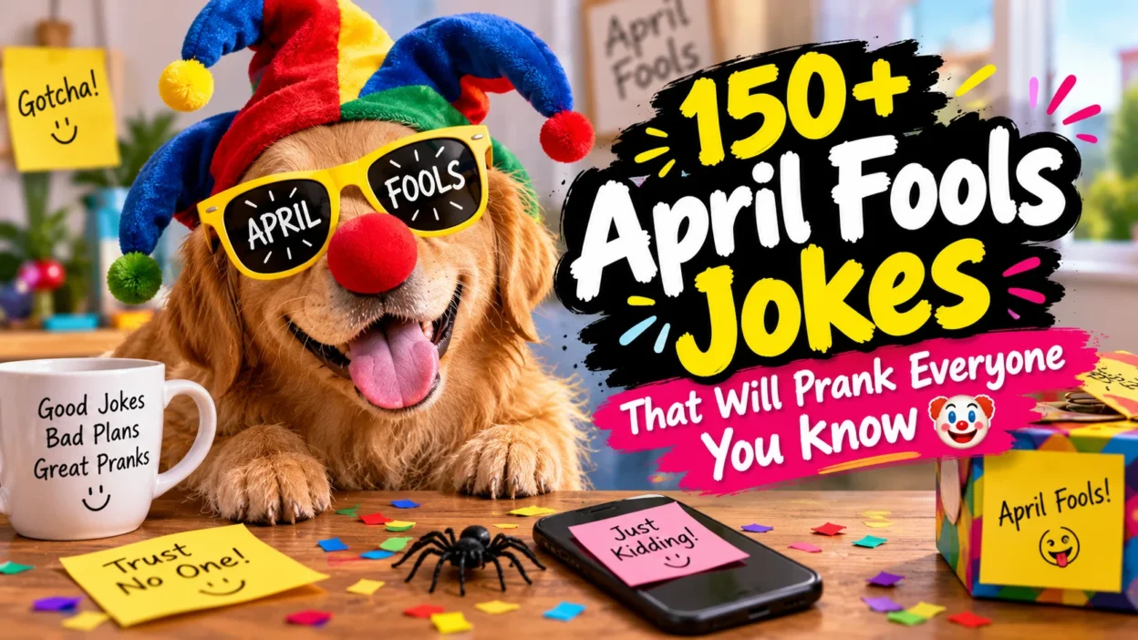 150+ April Fools Jokes That Will Prank Everyone You Know with a funny dog in a clown hat