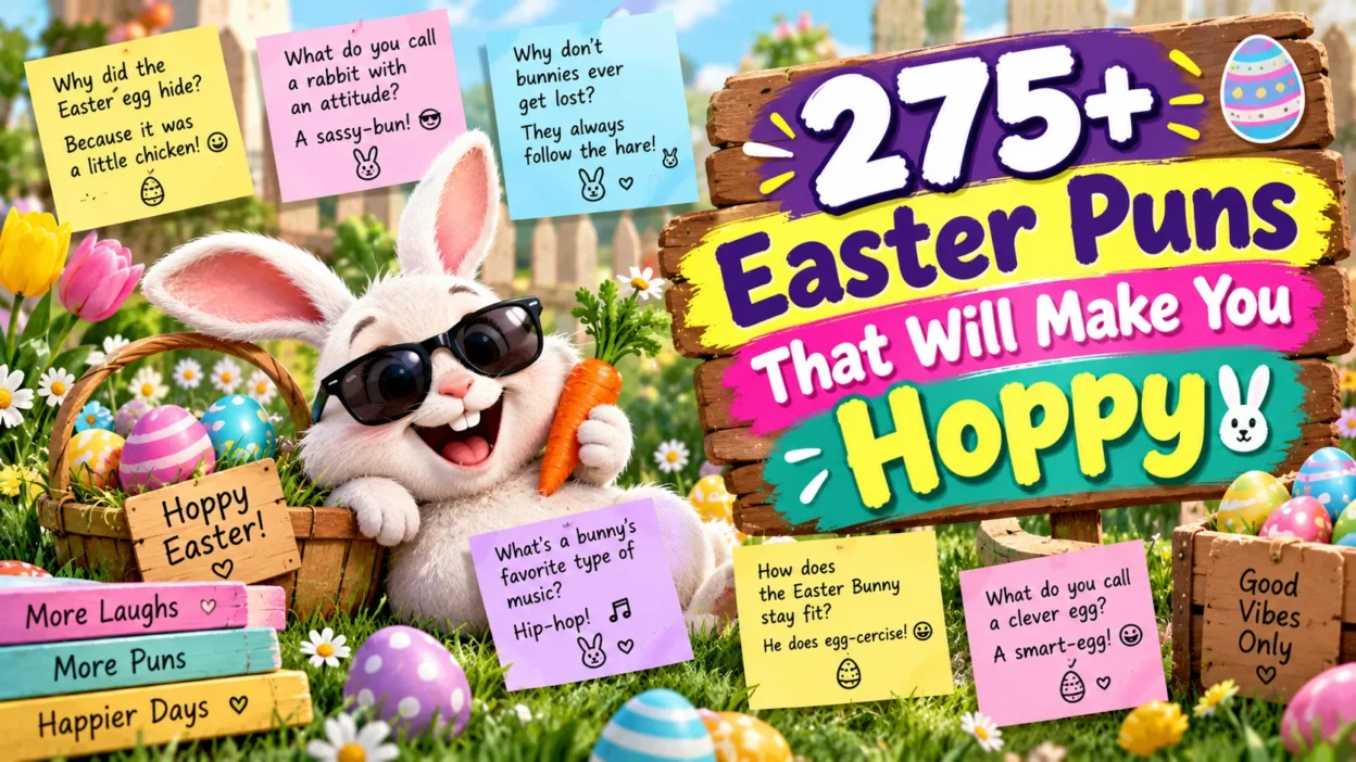 275+ Easter puns featuring a smiling bunny in sunglasses, colorful Easter eggs, and funny springtime jokes.