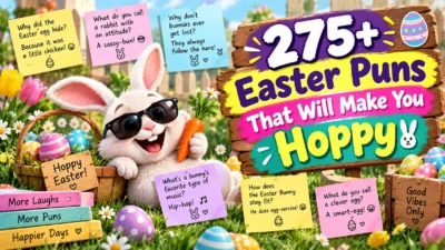 275+ Easter puns featuring a smiling bunny in sunglasses, colorful Easter eggs, and funny springtime jokes.