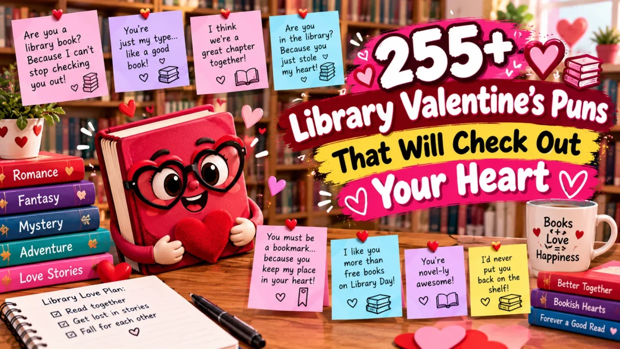255+ library Valentine's puns featuring a cute book mascot holding a heart, romantic books, and love-themed notes.