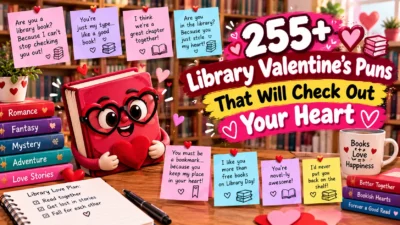 255+ library Valentine's puns featuring a cute book mascot holding a heart, romantic books, and love-themed notes.