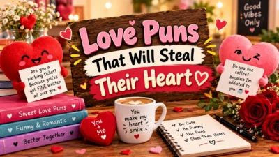 Love puns that will steal their heart, featuring cute heart characters, roses, romantic notes, and a cozy coffee mug.