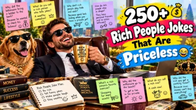 250+ rich people jokes featuring a laughing businessman in sunglasses, a wealthy dog, cash, gold accessories, and funny joke notes.