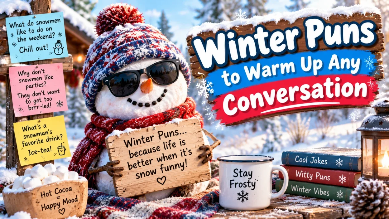 Winter puns to warm up any conversation featuring a cool snowman wearing sunglasses, a colorful winter hat, and a cozy scarf next to a wooden sign and a mug of hot cocoa in a snowy setting