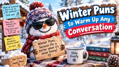 Winter puns to warm up any conversation featuring a cool snowman wearing sunglasses, a colorful winter hat, and a cozy scarf next to a wooden sign and a mug of hot cocoa in a snowy setting