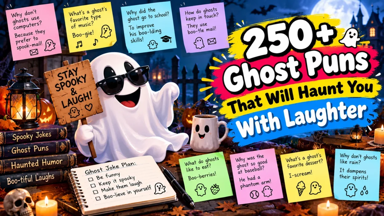 250+ ghost puns featuring a smiling ghost in sunglasses, spooky joke notes, pumpkins, lanterns, and Halloween decorations.