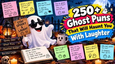 250+ ghost puns featuring a smiling ghost in sunglasses, spooky joke notes, pumpkins, lanterns, and Halloween decorations.