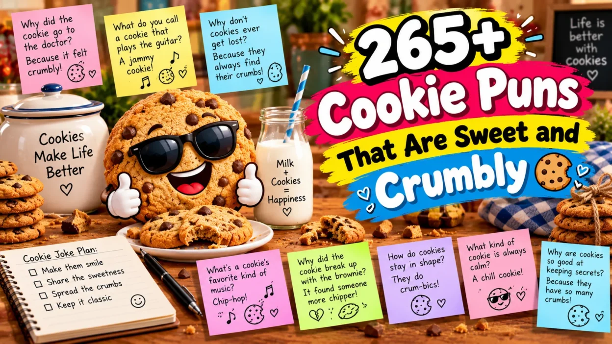 265+ cookie puns featuring a smiling chocolate chip cookie in sunglasses, colorful joke notes, and fresh cookies with milk.
