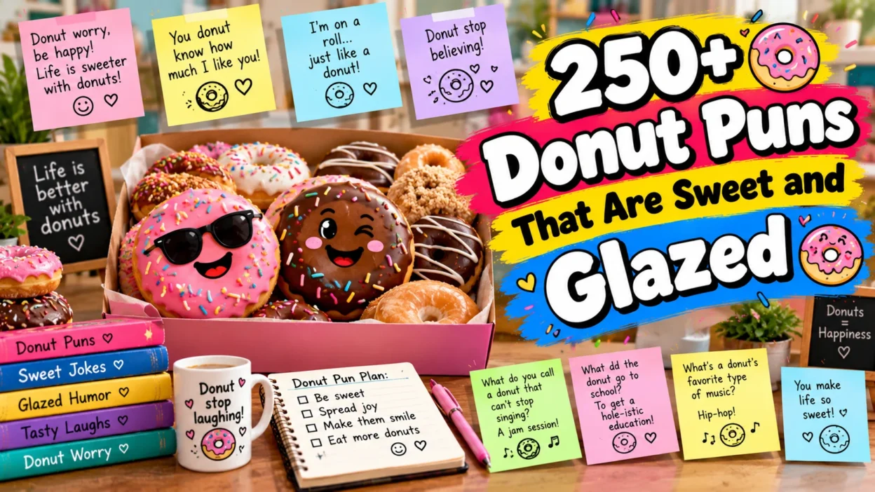250+ donut puns featuring smiling glazed donuts, colorful sprinkles, funny joke notes, and sweet bakery decorations.