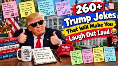 260+ Trump jokes featuring Donald Trump in sunglasses, American flags, a MAGA cap, political humor notes, and patriotic decorations.
