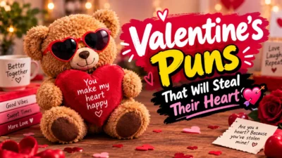 Valentine’s Puns That Will Steal Their Heart with a teddy bear holding a red heart