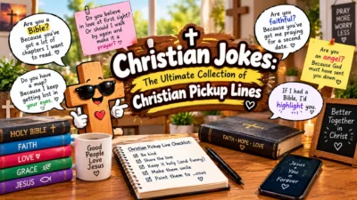 Christian jokes and pickup lines with a smiling cross character, Bibles, speech bubbles, and faith-themed decorations