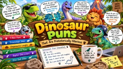 Dinosaur puns with colorful cartoon dinosaurs, prehistoric scenery, funny speech bubbles, joke books, and a dinosaur pun checklist