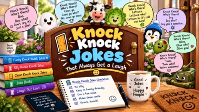 Knock knock jokes with a wooden door sign, cute cartoon characters, funny speech bubbles, colorful joke books, and a checklist