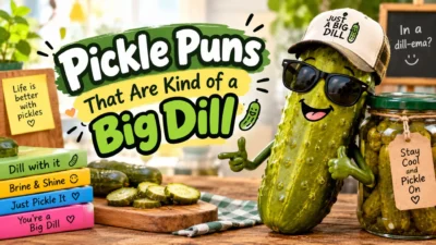 Funny pickle puns banner featuring a smiling pickle wearing sunglasses and a cap beside jars of pickles.