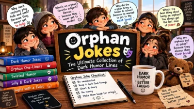 Orphan jokes featuring cartoon kids, dark humor speech bubbles, joke books, a checklist notebook, and a teddy bear