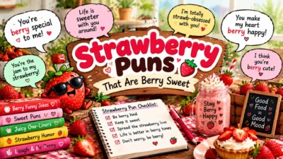 Strawberry puns with a smiling strawberry in sunglasses, fresh berries, dessert, smoothie, and playful speech bubbles