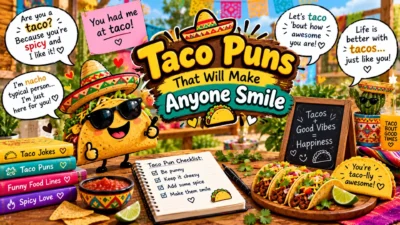 Taco puns with a smiling taco in a sombrero, colorful tacos, salsa, and playful Mexican-inspired decorations