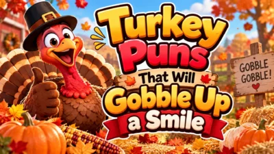Turkey puns banner with cheerful cartoon turkey, pumpkins, autumn leaves, corn, hay, and Thanksgiving decorations