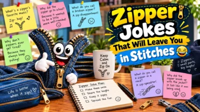 Funny zipper jokes featuring a smiling denim zipper character, colorful joke notes, jeans, and sewing-themed decorations.